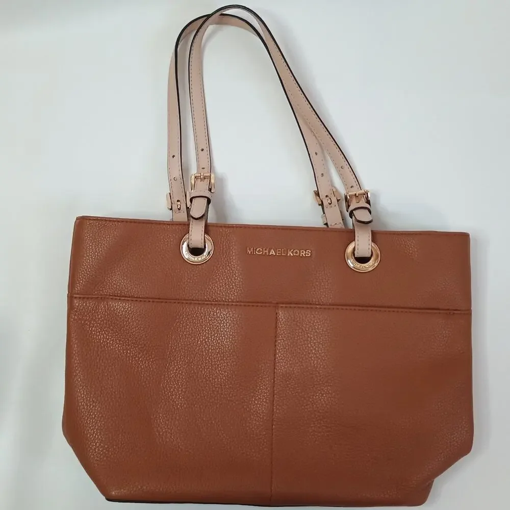 Michael Kors Bedford Pebbled Leather Tote Bag Brown Shoulder Pocket Purse Medium